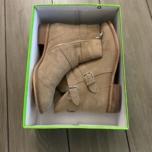 Tan suede ankle boot with studded buckles